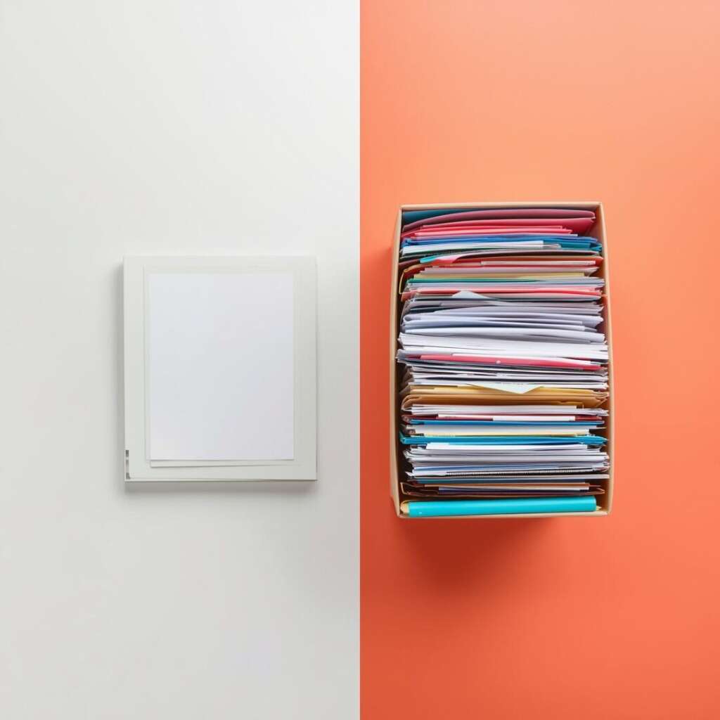 A desk with two setups:
One side: clean, minimal (TA = fast/simple)
Other side: layered documents, folders (JV = complex)