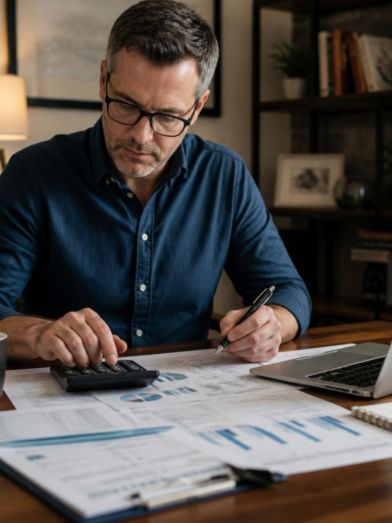 Texas business owner looking over papers and a calculator assessing business costs. 